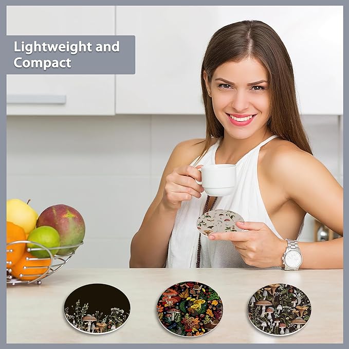 6 Pcs Coasters for Drinks with Holder,Retro Mushrooms Berries and Bugs Absorbent Coaster with Cork Backing,Great Gift for Housewarming,Room Decor,Bar,Holiday Party