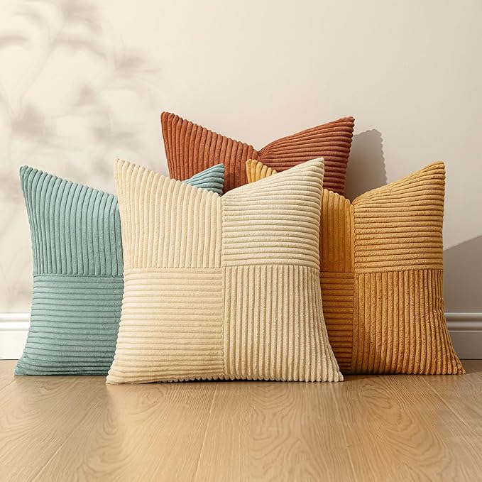 MIULEE Boho Farmhouse Fall Decorative Throw Pillow Covers 18x18 Inch 4 Packs Soft Vintage Pillow Cases Modern Corduroy Patchwork Cushion Covers for Couch Sofa Bed Home Decor, Teal-Rust