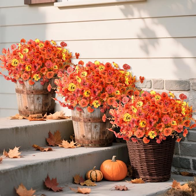 Artificial Fall Flowers for Outdoor, 12 Bundles Faux Pansy Fake Mums Flowers Plants Outdoor Fall Decor, UV Resistant No Fade Silk Flower for Porch Planter Patio Yard Garden(Orange Autumn Sunset Red)