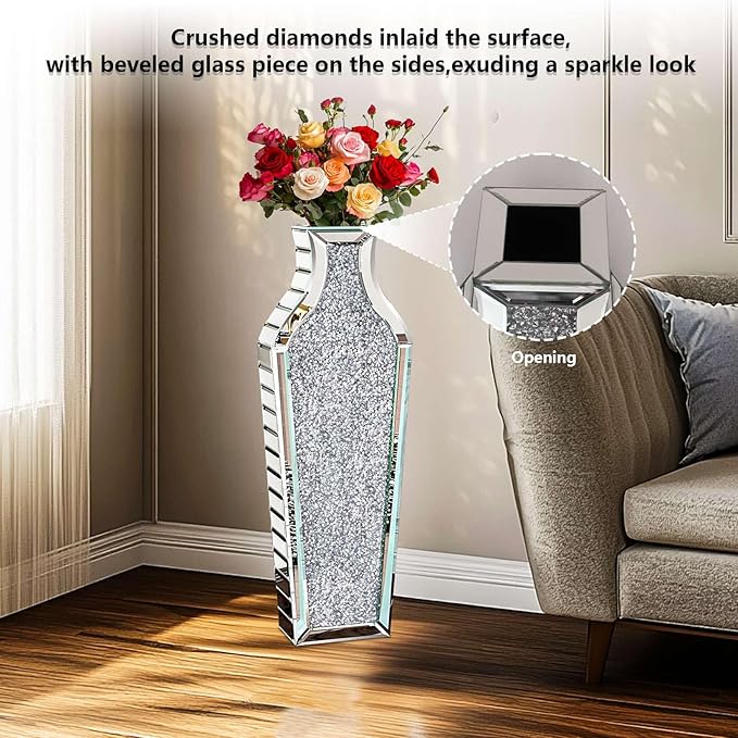Flower Vase Crushed Diamond: Crystal Silver Mirror Vase Geometric Decorative Vases Large Bling Glass Mirrored Decor for Luxury Home Centerpieces, Won't Hold Water
