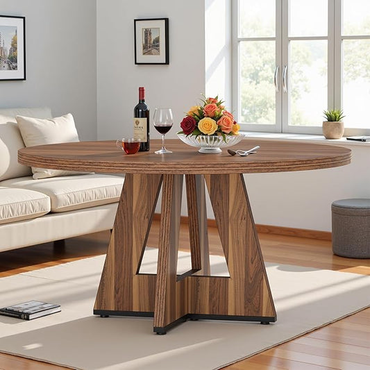 NicBex 47-Inch Round Dining Table for 4, Farmhouse Dinner Table Small Farmhouse Kitchen Tables with Wood Pedestal Base for Dining Room, Kitchen, Living Room, Brown