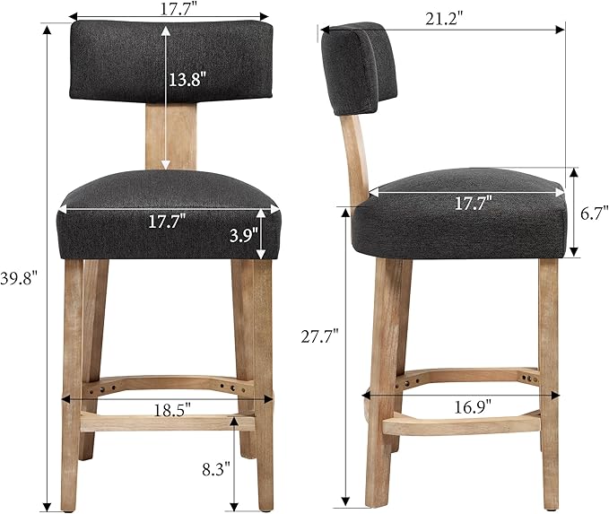 Linen Bar Stools Set of 2, Upholstered 27.7'' Counter Height Barstools with Curved Back, Farmhouse Wood Bar Chairs for Breakfast, Kitchen Island, Cafe, Gray