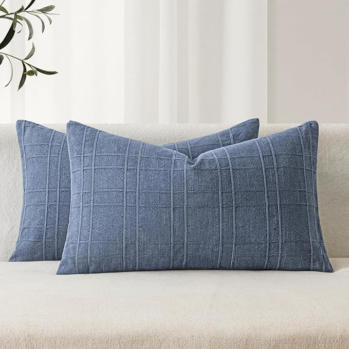 MIULEE Decorative Linen Check Lumar Throw Pillow Covers Neutral Farmhouse Vintage Pillow Covers 12x20 Set of 2 Boho Modern Home Decor for Sofa Couch Bedroom Cushion Blue