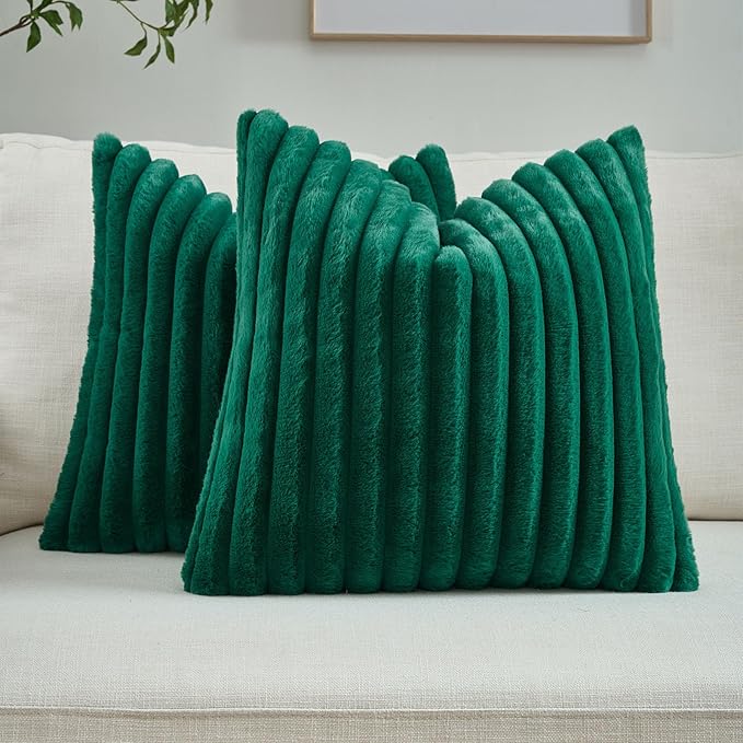 FUTEI Emerald Green Striped Decorative Throw Pillow Covers 24x24 Inch Set of 2,Square Fall Decorations Couch Euro Pillow Case,Soft Cozy Faux Rabbit Fur & Velvet Back,Modern Home Decor for Bed