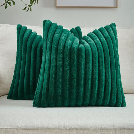 FUTEI Emerald Green Striped Decorative Throw Pillow Covers 22x22 Inch Set of 2,Square Fall Decorations Couch Pillow Case,Soft Cozy Faux Rabbit Fur & Velvet Back,Modern Home Decor for Bed