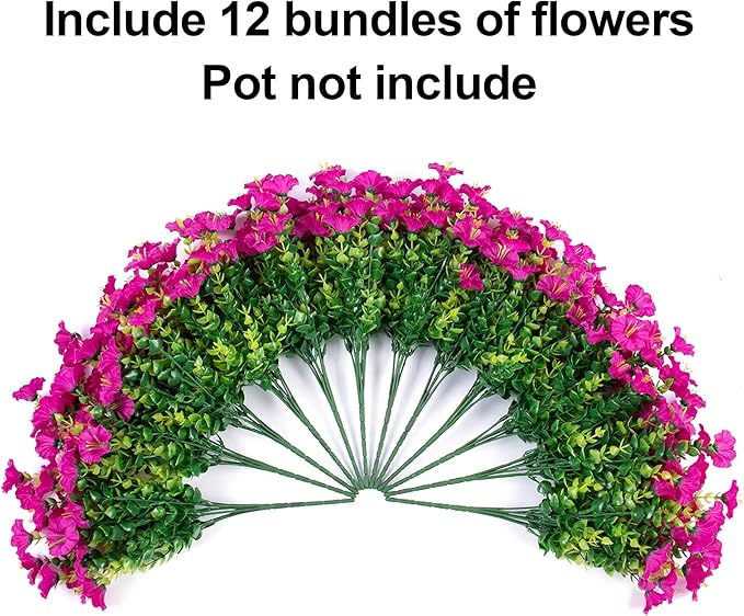 Artificial Flowers Fake Plants for Outdoors Decoration, 12 Bundles Silk Morning Glory with Eucalyptus Realistic UV Resistant Fuchsia Faux Flowers for Outside Planter Yard Patio Garden Home Indoor