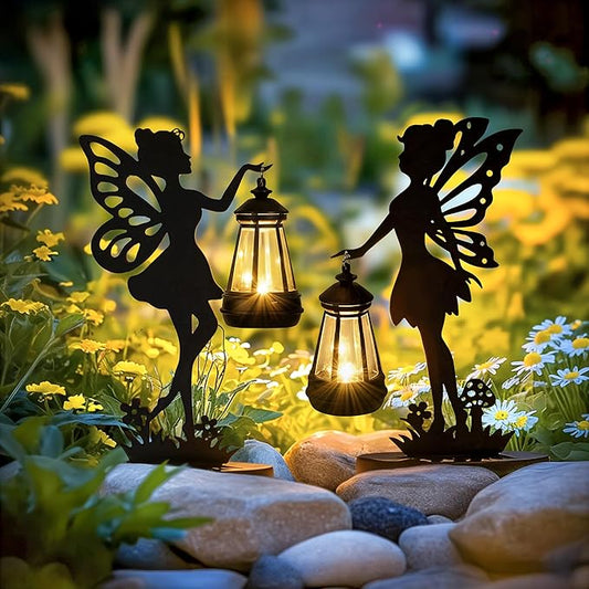 Solar Garden Statues Outdoor Decor, 2 Pack Fairy Garden Accessories, Housewarming Ornament Gift for Women Mom Grandma, Metal Decorative Figurine Light for Patio, Lawn, Yard, Pathway