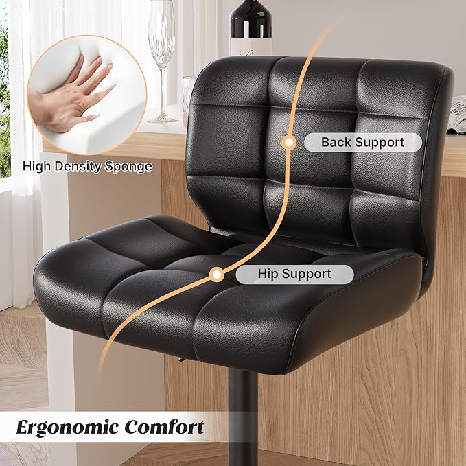 Modern Bar Stools Set of 4, Faux Leather Upholstered Swivel Bar Stools, Adjustable Counter Height Bar Chairs with High Back and Footrest for Kitchen Island (Black)