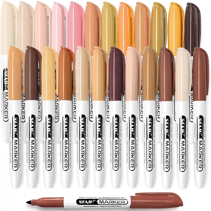 SFAIH 24 Skin Tone Permanent Markers - Assorted Portrait Colors, Fine Point Permanent Markers for Portrait, Figure, Animals, Trees Painting, Coloring Book, Decorate Wood, Quick Drying, Fade Resistant