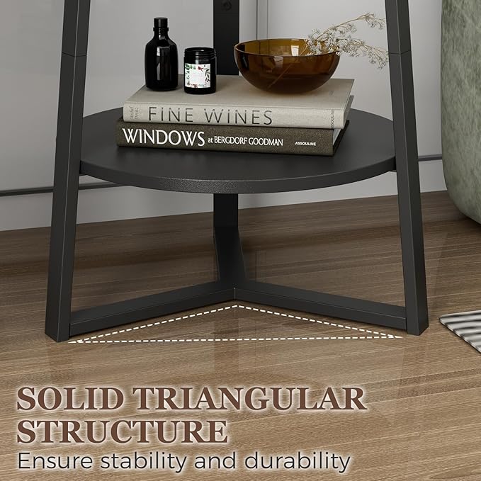 Gadroad Round End Table with Storage Shelf, 2 Tier Farmhouse Side Table Nightstand for Living Room, Bedroom, Wood Tabletop & Black Metal Frame, Black 15.7 * 15.7 * 23.0inches