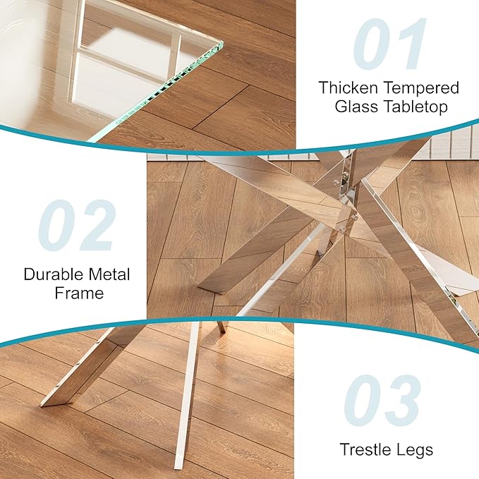 Dining Table for 4 Modern 47.2" Rectangular Glass Dining Table Kitchen & Dining Room Tables with Metal Base for Dining Room and Apartment, Silver