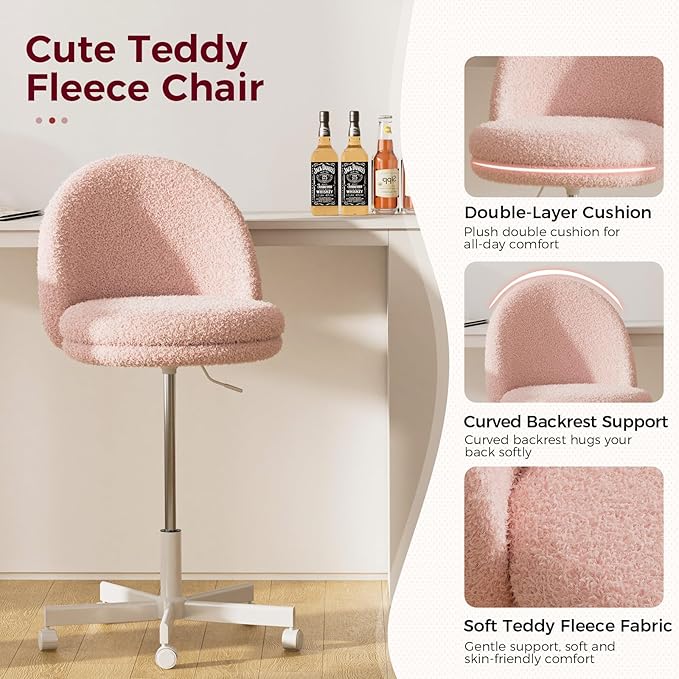 COMHOMA Vanity Chair with Teddy Velvet, Small Tall Armless Chair with Back, Cute Candy Chair for Girls Gift Living Room/Makeup Room/Bedroom/Kitchen (Height Use: Adjustable from Desk to Bar Height)