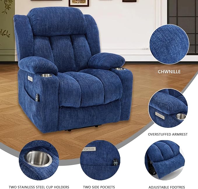 Power Lift Recliner Chair, 350lb Capacity with 8-Point Massage & Heating, USB/Type-C Ports & Cup Holders, Heavy Duty Chenille Recliner for Elderly, Blue