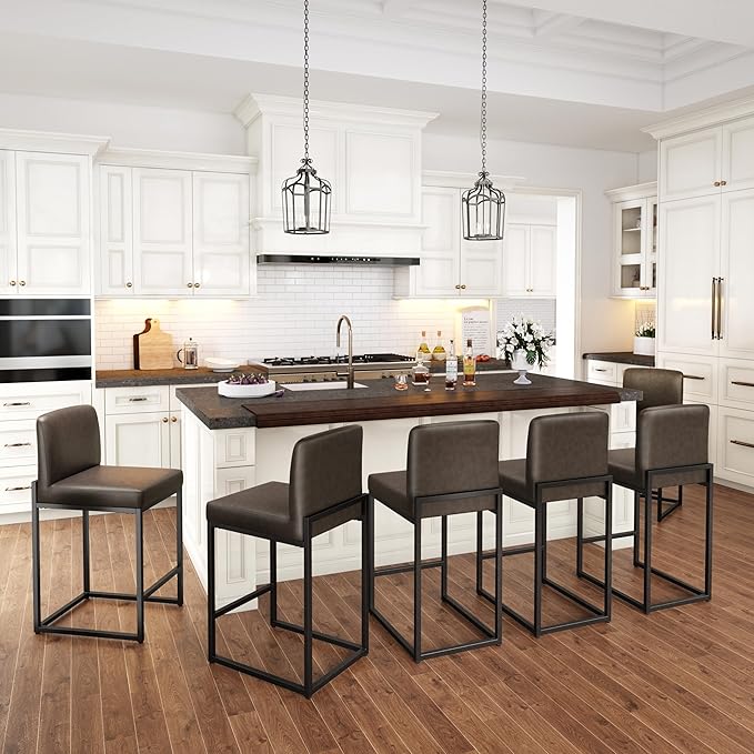 PHI VILLA Dark Grey Bar Stools Set of 6, Counter Height Bar Stool Faux Leather Barstools with Back, 24 inch Kitchen Bar Chairs