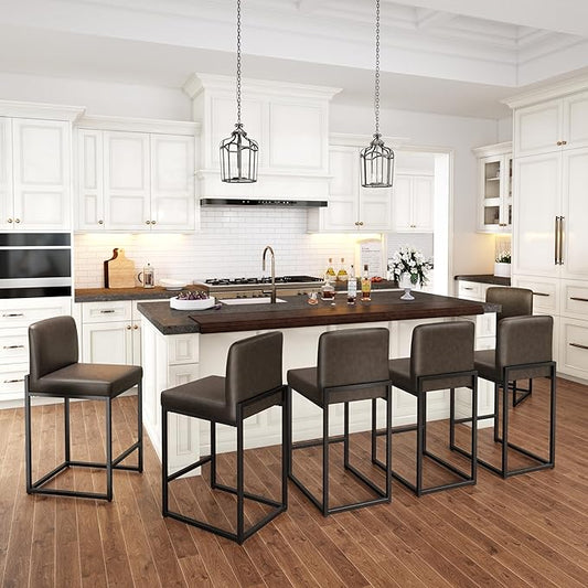 PHI VILLA Dark Grey Bar Stools Set of 6, Counter Height Bar Stool Faux Leather Barstools with Back, 24 inch Kitchen Bar Chairs