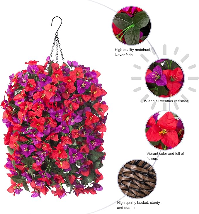 Artificial Bougainvillea Faux Flowers Plants Baskets for Outdoor Outside Decoration, 3PCS Fake Silk Flowers Long Trailing Vines UV Resistant Realistic for Front Door Porch Patio Balcony, PurpleRed
