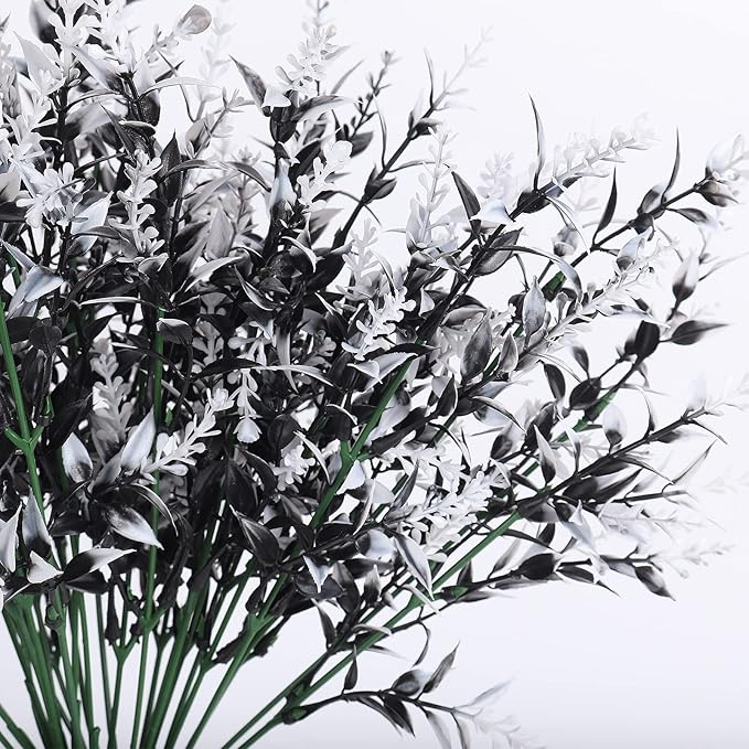 RECUTMS Black Flower,Black Decor,20 Bundles Artificial Flowers Fake Outdoor Plants Faux UV Resistant Lavender Flower Plastic Shrubs Indoor Outside Hanging Decorations (Black+White, 20 Bundles)
