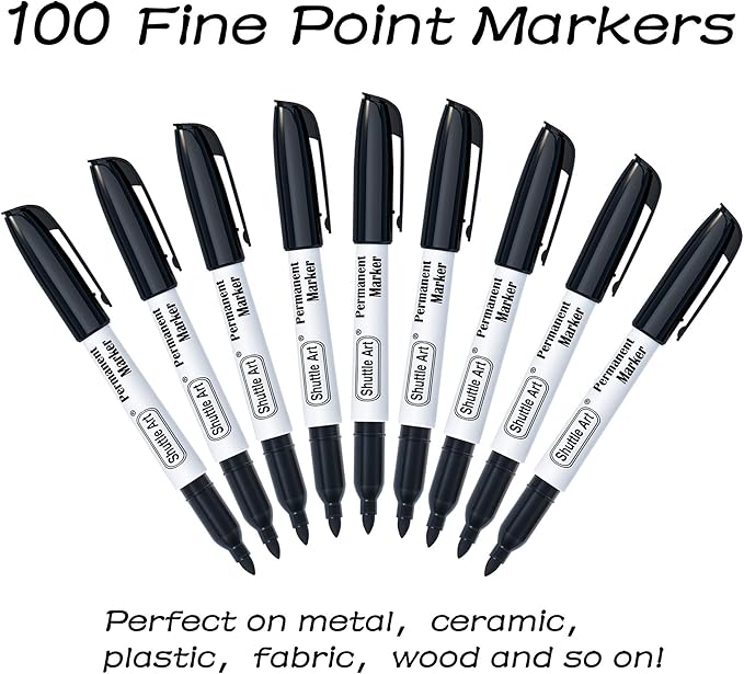 Shuttle Art 100 Pack Black Permanent Markers, Fine Point Permanent Marker Pens Set Perfect on Plastic, Wood, Stone, Metal and Glass for Doodling, Writing, Marking, Office School Supplies