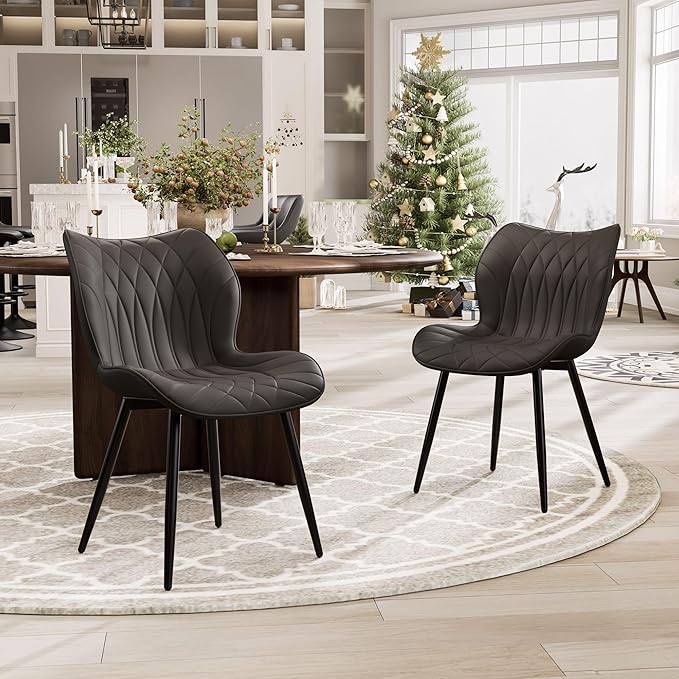 YOUNIKE Dining Chairs Set of 2, Upholstered Faux Leather Kitchen & Dining Room Chairs, Modern Living Room Bedroom Side Chairs with Wide Wing Back and Adjustable Metal Legs, Black