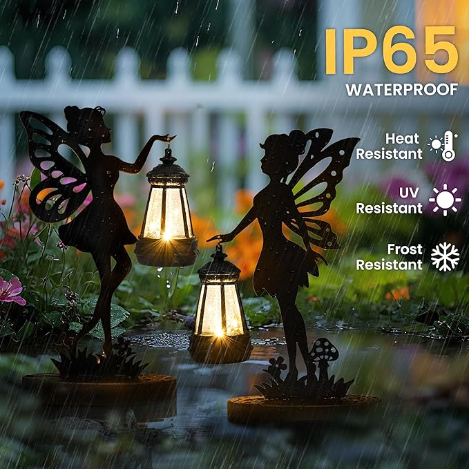 Solar Garden Statues Outdoor Decor, 2 Pack Fairy Garden Accessories, Housewarming Ornament Gift for Women Mom Grandma, Metal Decorative Figurine Light for Patio, Lawn, Yard, Pathway
