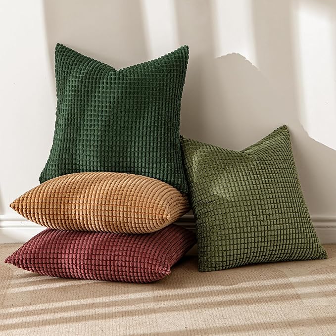 MIULEE Modern Farmhouse Decorative Pillow Covers 18x18 Inch Set of 4 Natural Rustic Throw Pillows Neutral Warm Soft Corduroy Couch Pillowcases Home Decor for Sofa Living Room Bed Christmas Green