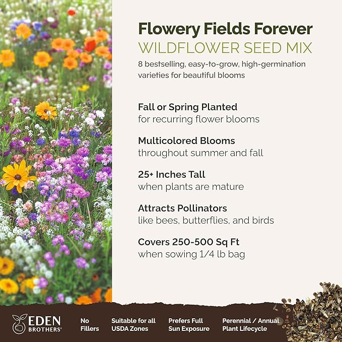 Eden Brothers Flowery Fields Forever Flower Mixed Seeds for Planting, 1/4 lb, 120,000+ Seeds with Cornflower, Candytuft | Attracts Pollinators, Plant in Spring or Fall, Zones 3, 4, 5, 6, 7, 8, 9, 10