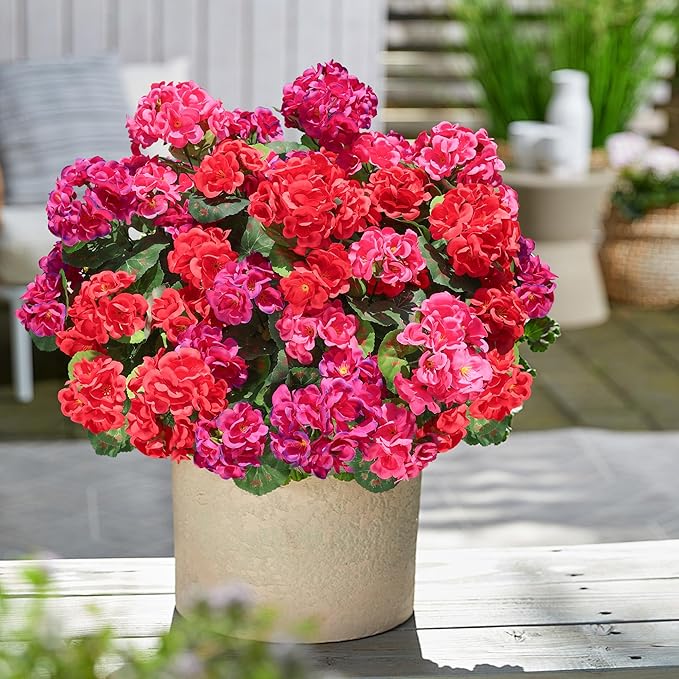 Artificial Geranium Fake Flowers for Outdoors Decoration, 6 Bundles Silk Geraniums Flower UV Resistant Look Real Faux Plants for Front Door Garden Porch Planter Patio Balcony Yard Indoor Home, Mix