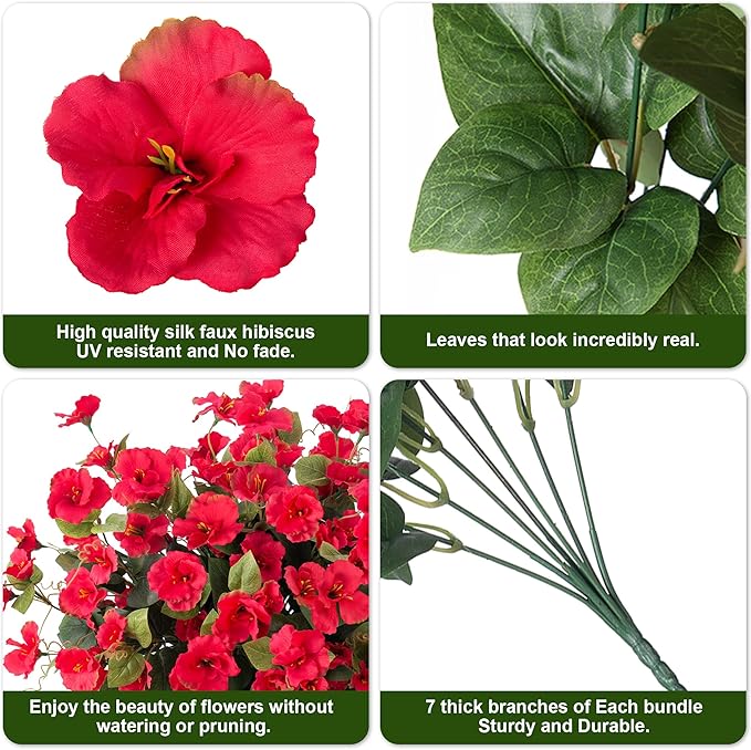 Fake Hibiscus Artificial Flowers for Outdoors Spring Summer Decoration, 6 Bundles Silk Red Hibiscus Flowers Bouquet UV Resistant Look Real Faux Plants for Outside Planter Front Door Porch Balcony Yard