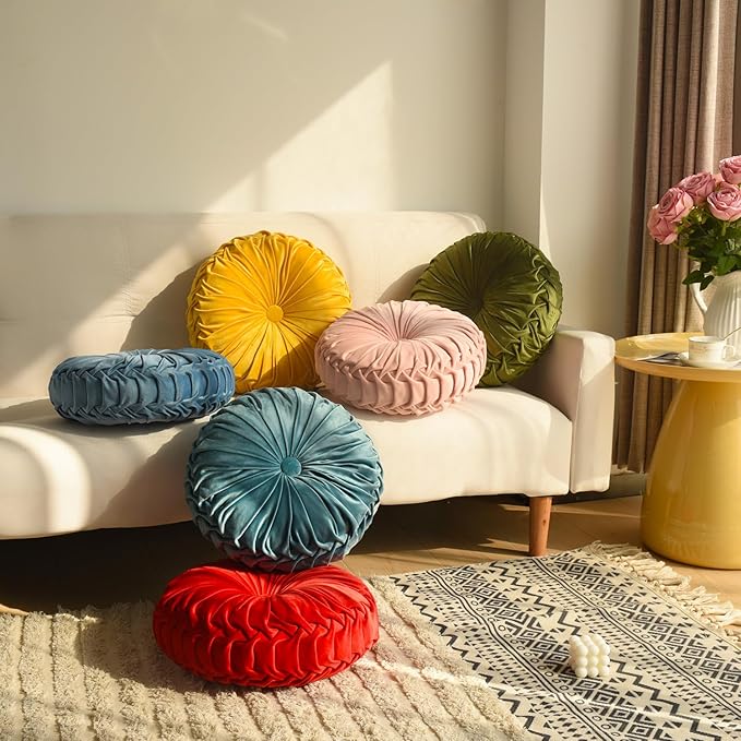 HIG Set of 2 Teal Ruched Velvet Round Throw Pillows – 14.5’’ Decorative Pillows with Soft Polyester Filling for Couch, Bed, Living Room, Bedroom, or Dorm – Handmade, Stress Relieving, All-Season