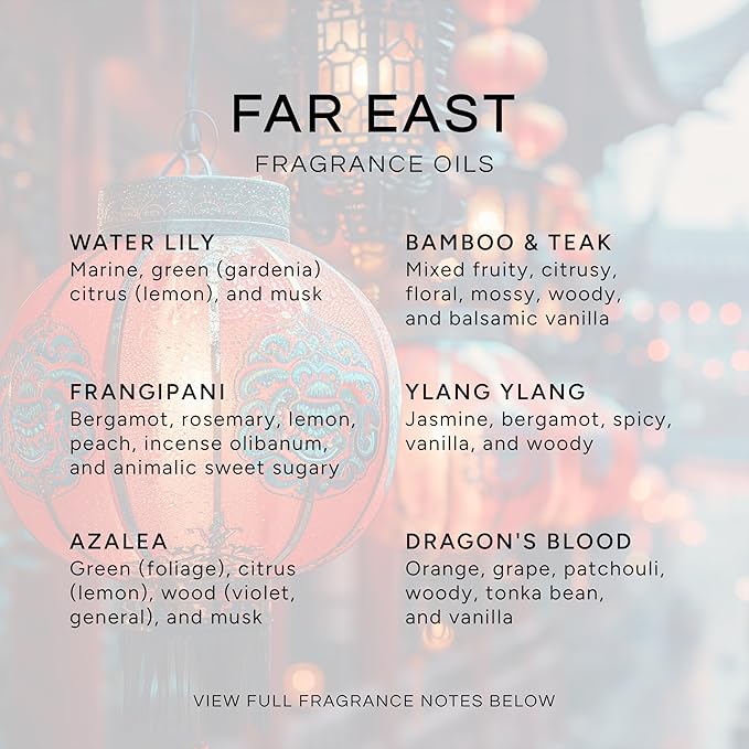 Eternal Essence Oils Far East Set of 6 Premium Fragrance Oils - Includes Water Lily, Bamboo & Teak, Frangipani, Azalea, Ylang Ylang and Dragon's Blood Scented Oils - 10ML
