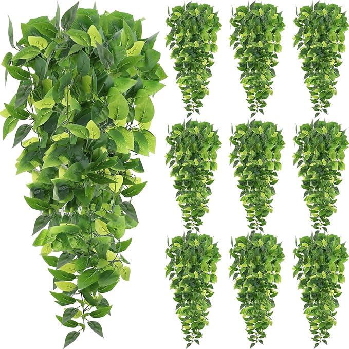 Hoteam 12 Pcs Artificial Hanging Plants 32 Inch Fake Ivy Vines with Fake Leaves Patio Artificial Plants Greenery for Living Room Indoor Outdoor Wall, No Basket (Pothos)