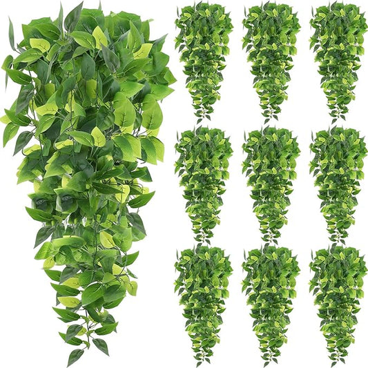 Hoteam 12 Pcs Artificial Hanging Plants 32 Inch Fake Ivy Vines with Fake Leaves Patio Artificial Plants Greenery for Living Room Indoor Outdoor Wall, No Basket (Pothos)