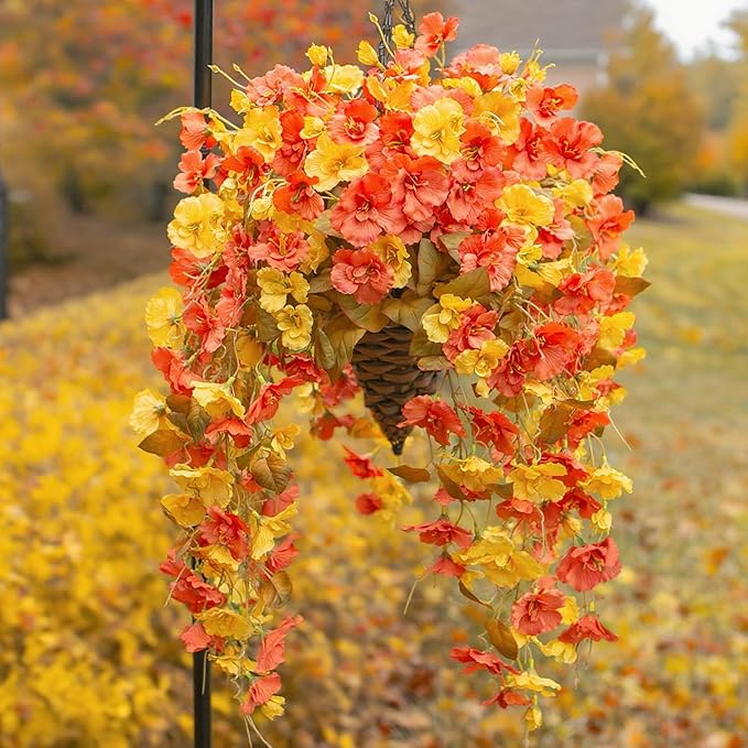 Artificial Fake Fall Hanging Flowers Baskets for Outdoor Decoration, Faux Silk Hibiscus Long Vines in Planter Realistic Flower Plants for Outside Home Porch Patio Garden (Fall YellowOrange)