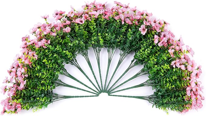 Artificial Fake Plants Flowers for Outdoor Outside Summer Decoration, 12 Bundles Faux Silk Pink Daisy UV Sun Resistant Realistic for Porch Patio Home Window Box Yard Garden Planter