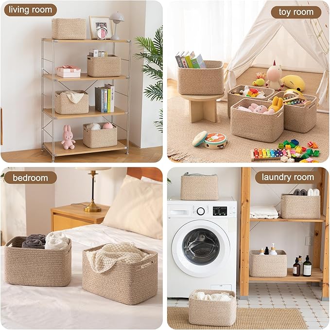 Storage Baskets for Organizing, Woven Decorative Baskets for Shelves - Books, Towels, and Clothes, Cotton Rope Toy Storage Bins, 12.7''Lx9''Wx7.8''H, Pack of 4, Brown
