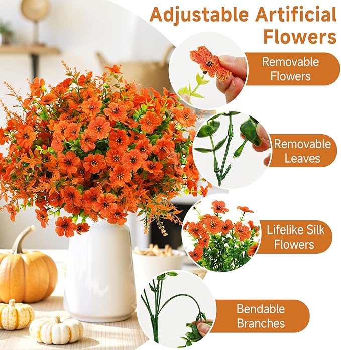 SHareconn 24 Bundles Artificial Fall Flowers for Outdoors Decoration, UV Resistant Silk Eucalyptus Lavender Faux Autumn Fake Plants for Outside Indoor Garden Yard Porch Home Decor, Orange