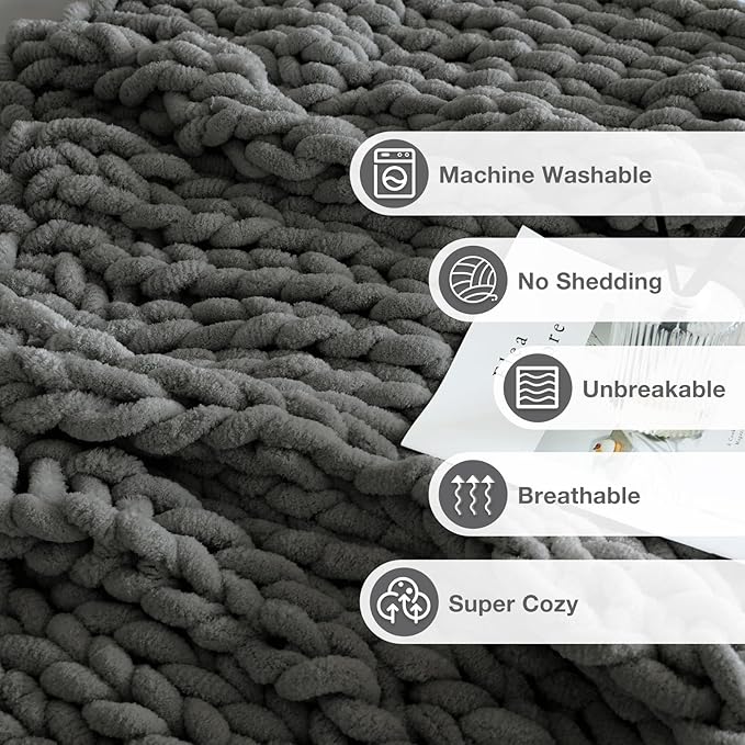 Soft Chunky Knit Blanket, 50X60 in Handmade Thick Chenille Yarn Throw Without Shedding & Raveling, Aesthetic & Cozy Home Decor with Couch Sofa Bed, Gift Pack, Dark Grey