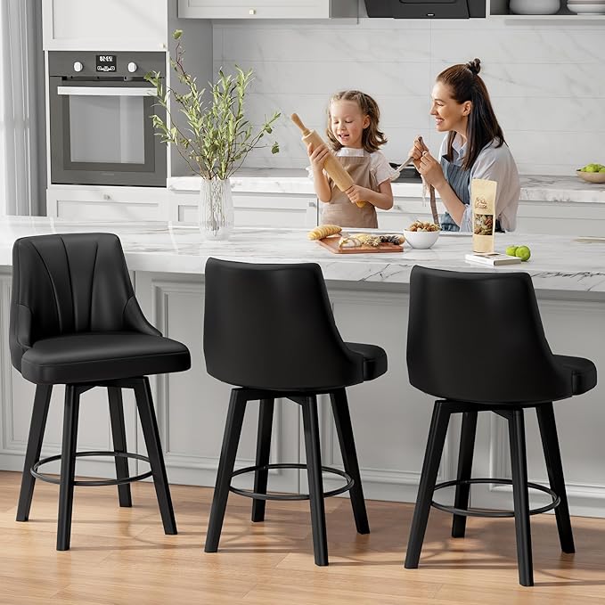 Counter Height Swivel Bar Stool, 24" Upholstered PU Leather Barstools Set of 4, Counter Stool Chair with Back & Solid Wood Legs for Kitchen Island Dining Room (Black)