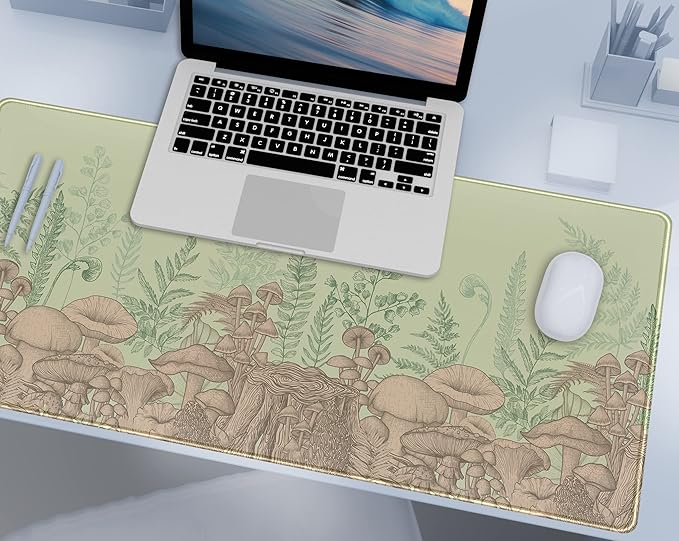 Cute Green Leaves Mouse Pad Desk Mat Beige Forest Mushroom XXL Large Extended Gaming Mousepad Desk Pad 31.5x15.75 in, Cool Keyboard Mouse Mat Desk Mats for Computer Laptop Women Desk Gamers Girl