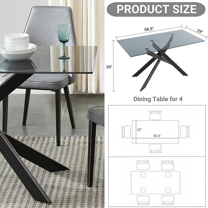 Modern Style Dining Table with Gray Tempered Glass Top and Black Metal Tubular Legs, 58.5”Lx29”Wx30”H