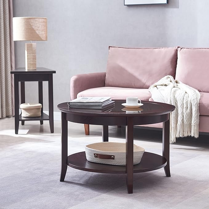 Sheldon Round Glass Top Solid Wood Coffee Table with Shelf, Chocolate Oak Brown – Leick Home, 10037