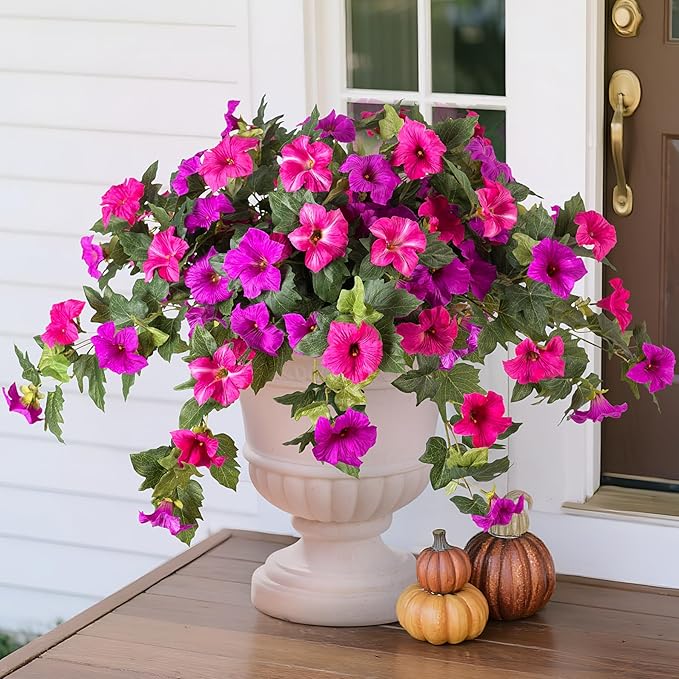 Artificial Faux Flowers Planter for Outdoor Decoration, 2PCS Fake Silk Petunias Flowers, No Fade UV Resistant Flower for Outside Garden Porch Yard Balcony Patio Realistic Indoor Decor(Fuchsia)