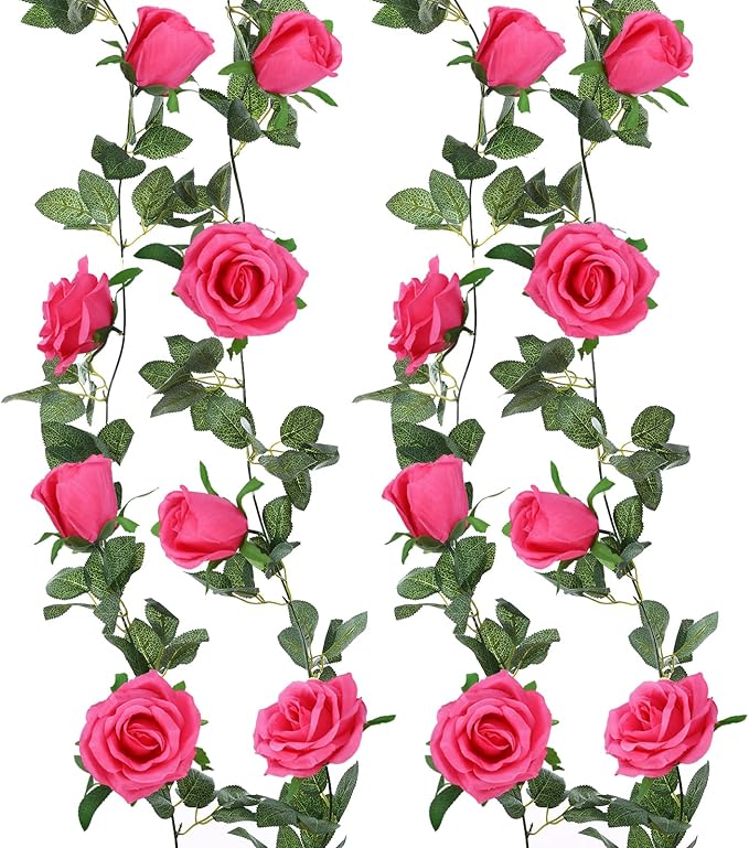 Felice Arts 2 Pack Hot Pink Artificial Floral Garland Each 6.5FT Fake Rose Vine Hanging Rose Garland for Wedding Flowers Table Centerpiece Arrangement Room Baby Shower Teepee Mirror Decor