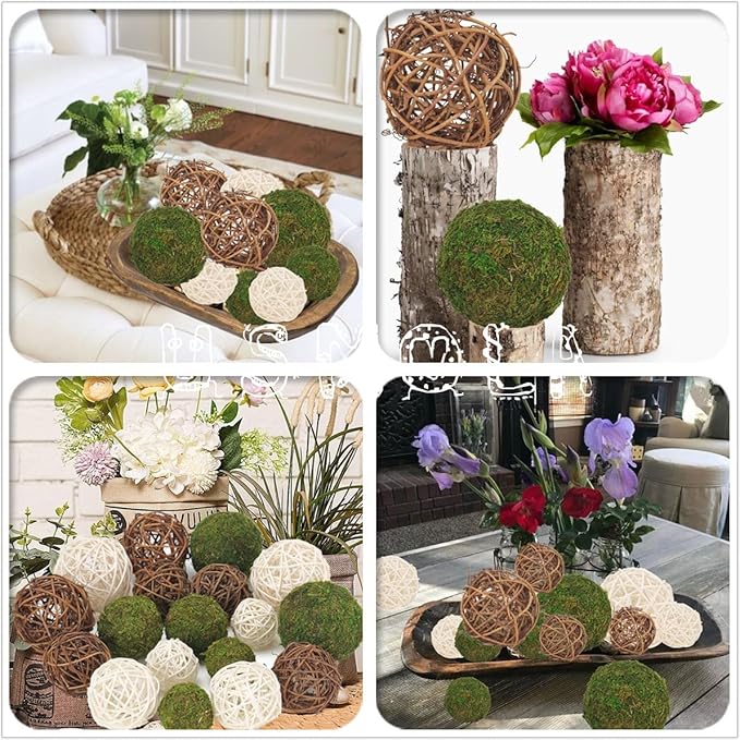 18Pcs Decorative Balls for Centerpiece Bowl - 6Pcs Fake Moss Balls + 12Pcs Rattan Wicker Balls, Artificial Moss Decorative Balls Vase Fillers for Home Garden Wedding Party Decor (Rustic)