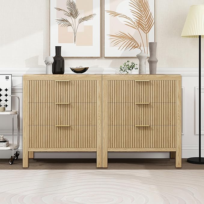 Nightstands Set of 2, Bedside End Table, Modern Wooden Night Stand with 6-Drawer - Boho Cabinet Accent Storage Furniture for Bedroom, Living Room, Nature