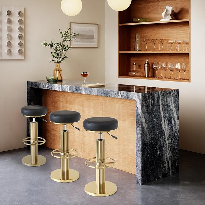FUNROLUX Gold Bar Stools Adjustable Swivel Counter Stools Modern Backless Counter Height Bar Stools for Kitchen Island with Metal Legs and Upholstered Microfiber Leather (Black)