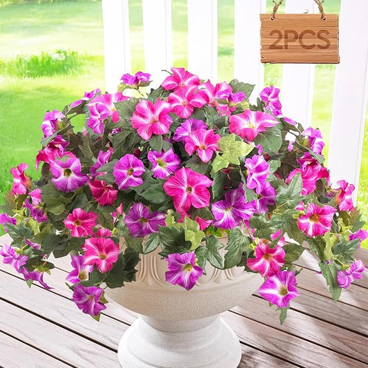Artificial Fake Flowers Plants for Spring Summer Decoration,2 Pcs No Fade Faux Petunias,UV Resistant Realistic Silk Flowers,for Home Garden Balcony Yard Porch Deco (Fuchsia)