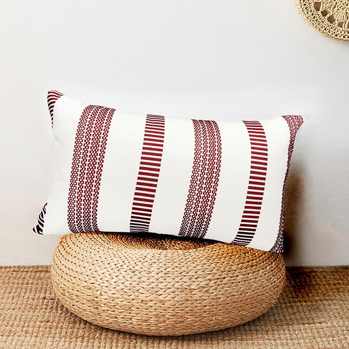 Decorative Throw Pillow Covers Set of 2 Wine Red Boho Striped Pillow Covers 12x20 Inch Throw Pillow Cover Linen Pillowcase Farmhouse Outdoor Pillow Covers for Couch Sofa Bed Living Room