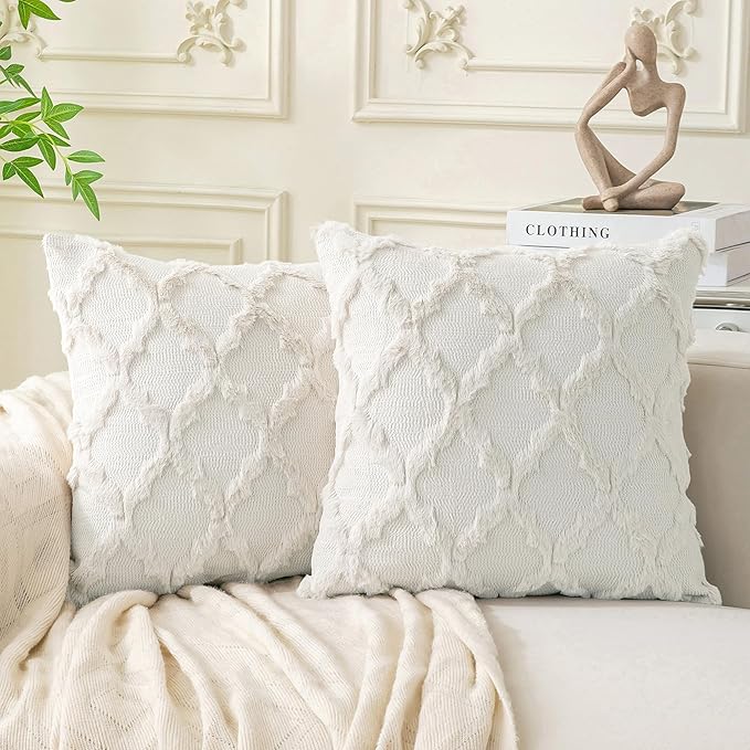 Set of 2 Soft Moroccan Throw Pillow Covers 20x20 Inch Plush Boho Decorative Pillow Cover Accent Cushion Case for Couch Sofa Bed, Cream White