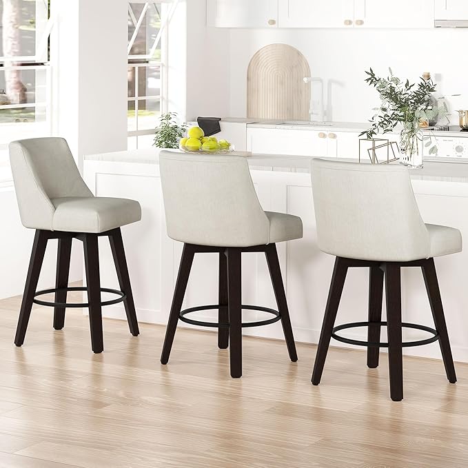 Counter Height Swivel Bar Stools Set of 2, 26" Seat Height Modern Bar Stools with Back and Solid Wood Legs for Kitchen Island, Fabric in Ivory White